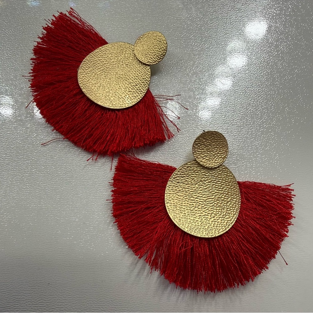 Gold and Red Fringe Earrings